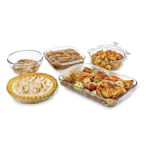 Baker’s Basics 5 Piece Glass Baking Dish Set with 1 Lid, Stackable, Clear Versatile Casserole Dish Set, Glass Casserole Dishes for Food Prep