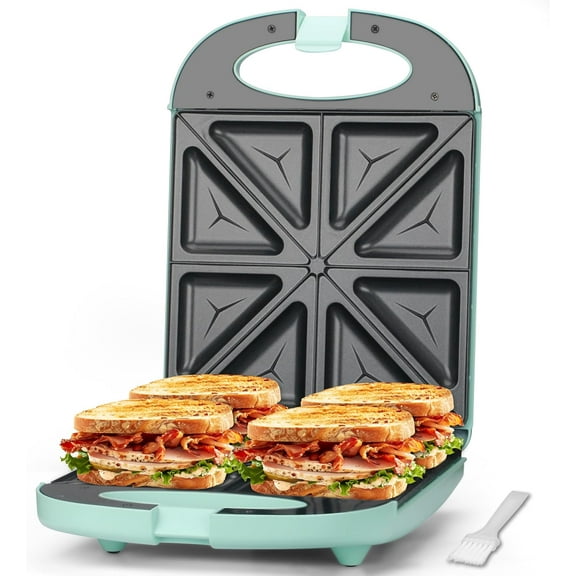 Bakers Friend Breakfast Sandwich Maker, 4 Slices of Panini Grill Press Electric Maker with Indicator Light, Cheese & Egg Muffin Aqua