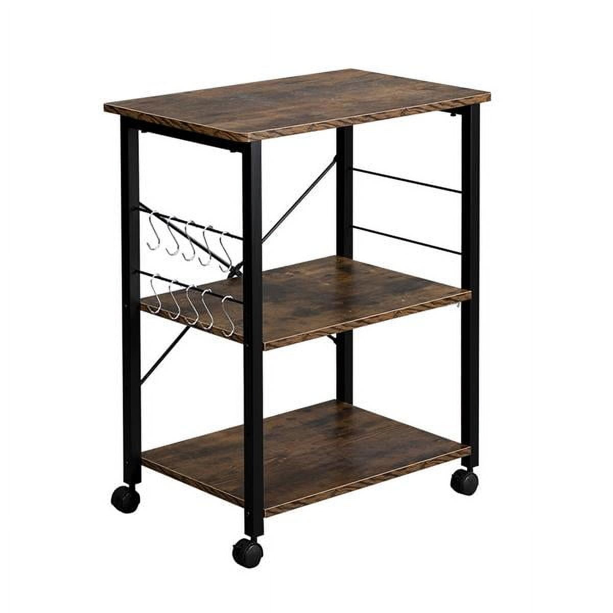 Baker's Rack 3-Tier Kitchen Utility Microwave Oven Stand Storage Cart Workstation Shelf(Vintage Board Top Black Metal Frame)