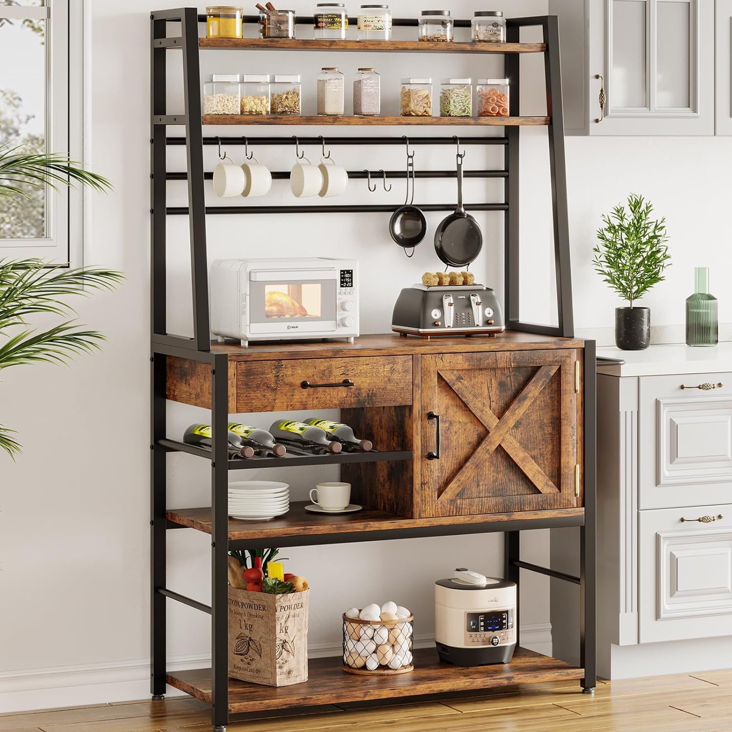 Baker's Rack, Coffee Bar Cabinet, Farmhouse Microwave Stand with Wine ...
