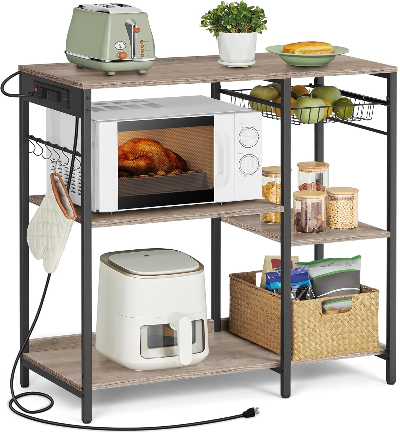 Greige and Black Adjustable Kitchen Shelf with Power Outlet