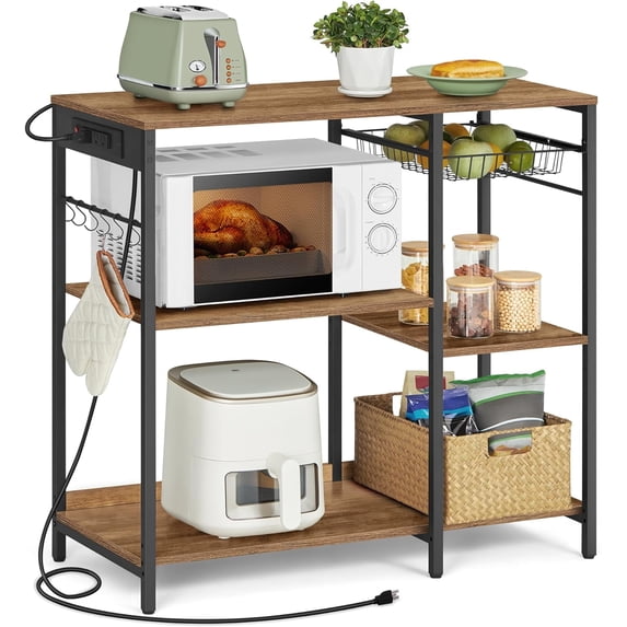 Baker's Rack, Coffee Bar Stand with Charging Station, Storage Shelves, 15.7 x 35.4 x 35.6 Inches, Rustic Walnut