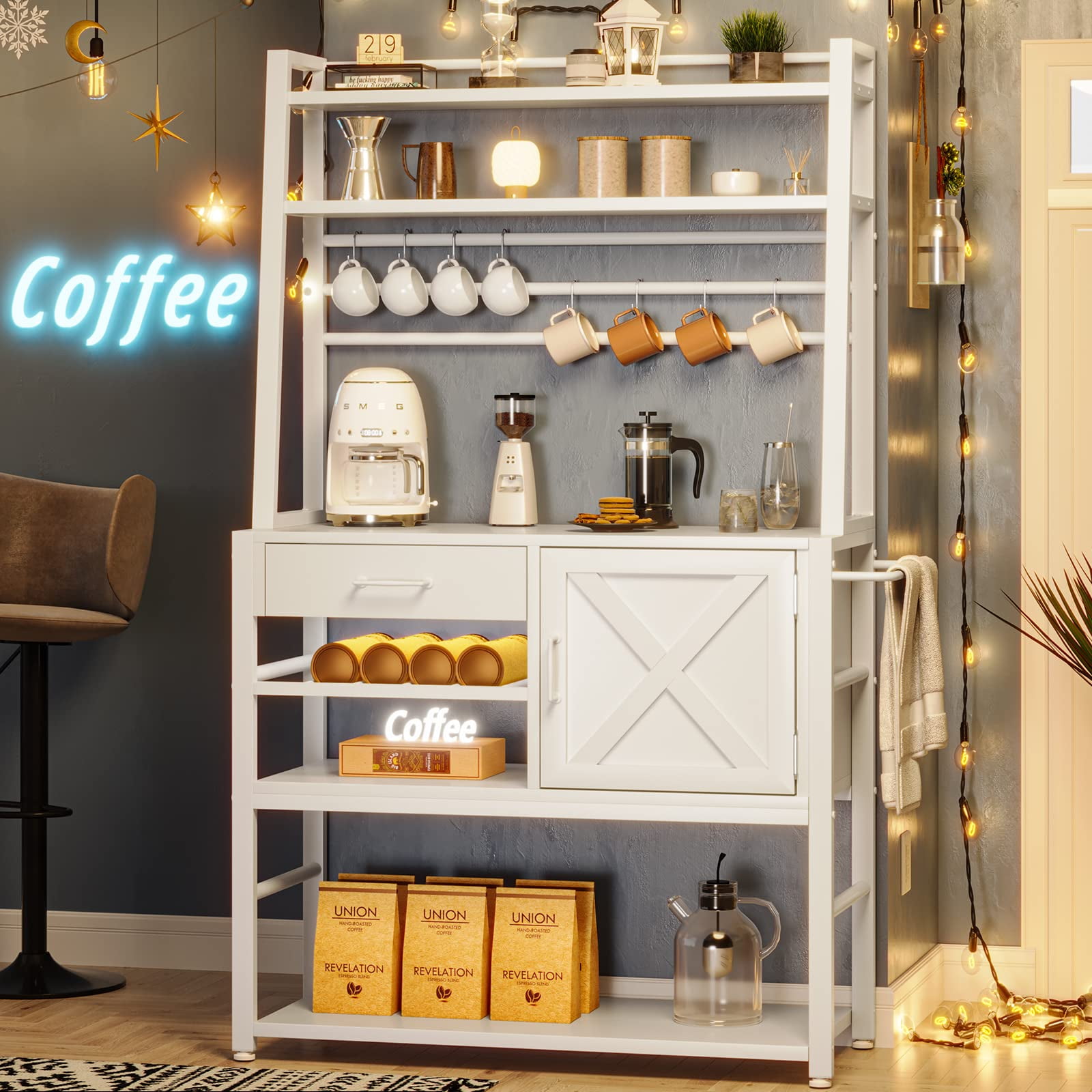 Baker s Rack Farmhouse Coffee Bar Cabinet with Storage Drawer Rustic Bakers Racks Microwave Stand for Kitchens White