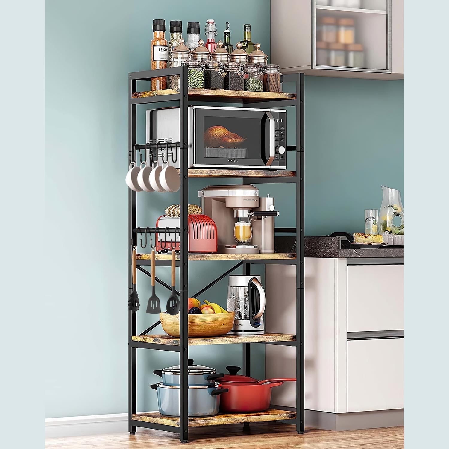 Baker's Rack with 10 Hooks, Ifox Microwave Stand with Storage, Industrial 5-Tier Storage Shelf, Free Standing Wooden Shelf, Brown