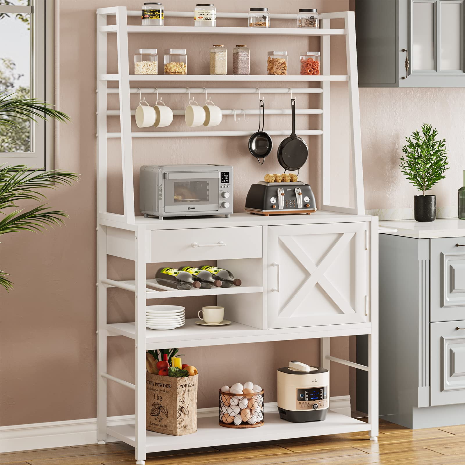 Baker s Rack Microwave Oven Stand with Storage Drawer for Kitchens 5 Tier Modern Coffee Bar Cabinet with Wine Rack White