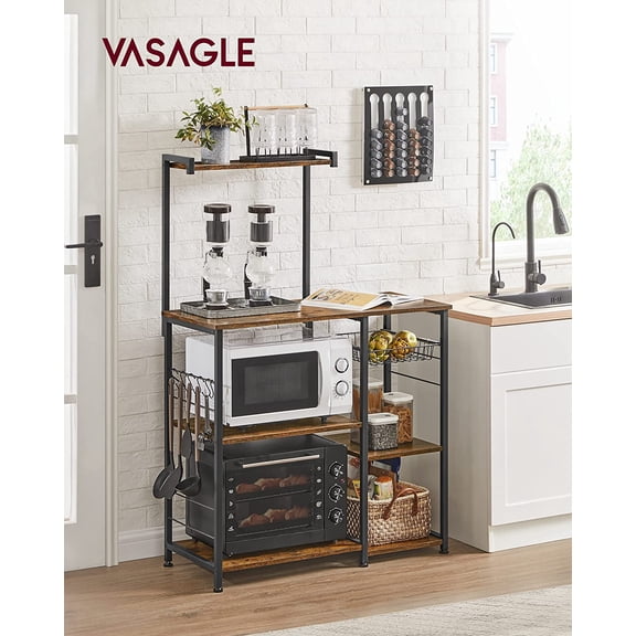 Baker's Rack, Microwave Stand, Kitchen Storage Rack with Wire Basket, 6 Hooks, and Shelves, for Spices, Pots, and Pans, Rustic Brown and Ink Black UKKS35X