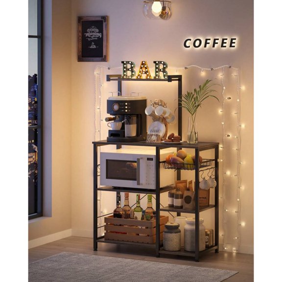 Baker's Rack & Microwave Stand, Kitchen Storage Rack with Wire Basket, 6 Hooks & Shelves - For Spices, Pots & Pans