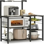 VASAGLE Baker's Rack, Microwave Stand, Kitchen Storage Rack with Wire Basket, 6 Hooks, and Shelves, for Spices, Pots, and Pans, Heather Greige and Ink Black UKKS035B02