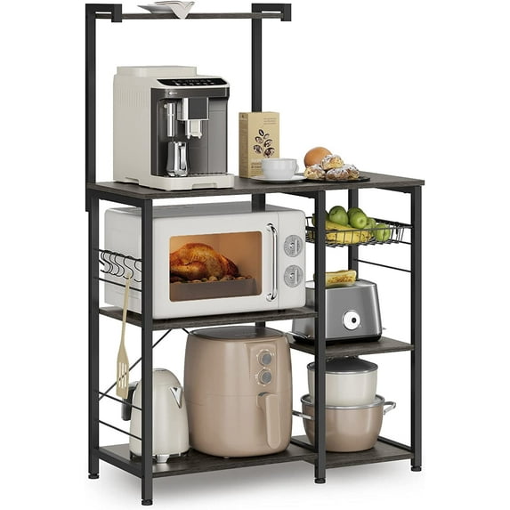 Baker's Rack Microwave Stand with Wire Basket 6 Hooks and Shelves,for Spices Pots and Pans Charcoal Gray and Black