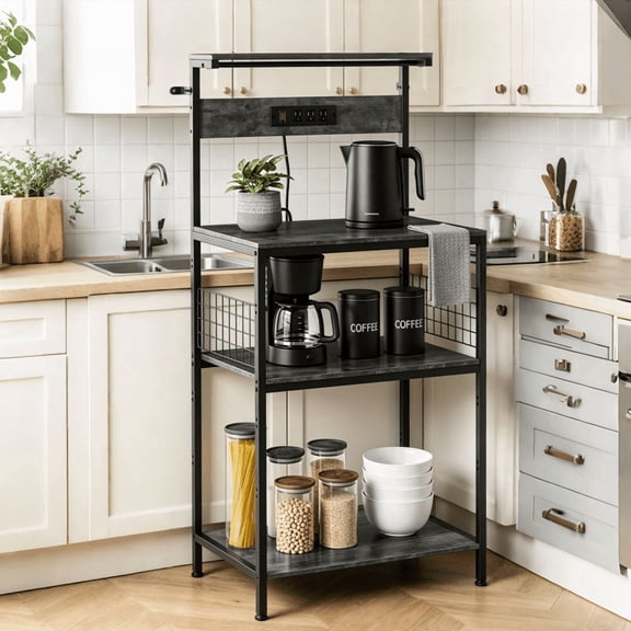 Baker's Rack with Power Outlet, 23.6" 4-Tier Kitchen Storage Shelf with Waterproof Desktop, Microwave Stand with Wire Basket & 6 Hooks, Wide Coffee Bar Station, Gray