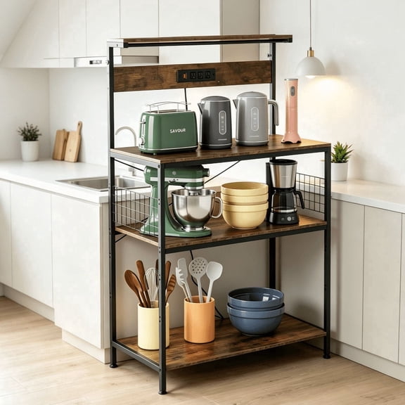 Baker's Rack with Power Outlet, 31.5" 4-Tier Kitchen Storage Shelf with Waterproof Desktop, Microwave Stand with Wire Basket & 6 Hooks, Wide Coffee Bar Station, Rustic Brown