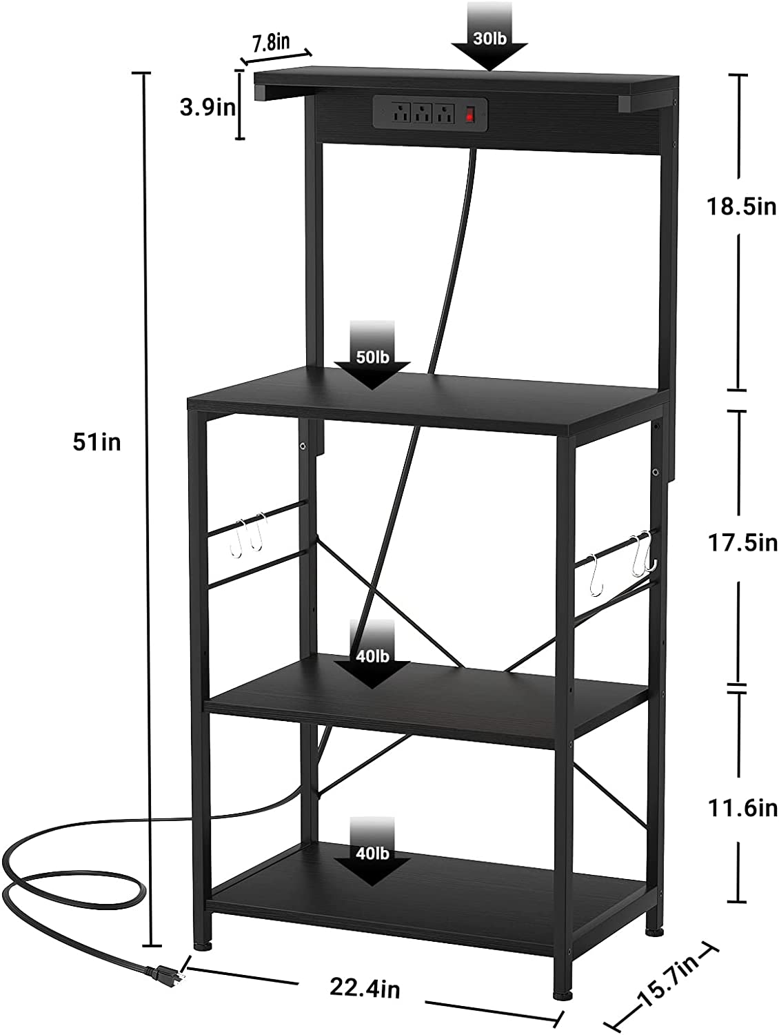 Baker‘s Rack with Power Outlet, Microwave Stand Kitchen Storage Shelf