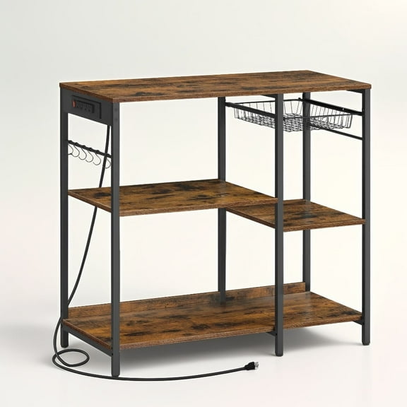 Baker's Rack, Coffee Bar Stand with Charging Station, Storage Shelves, 15.7 x 35.4 x 35.6 Inches, Rustic Brown