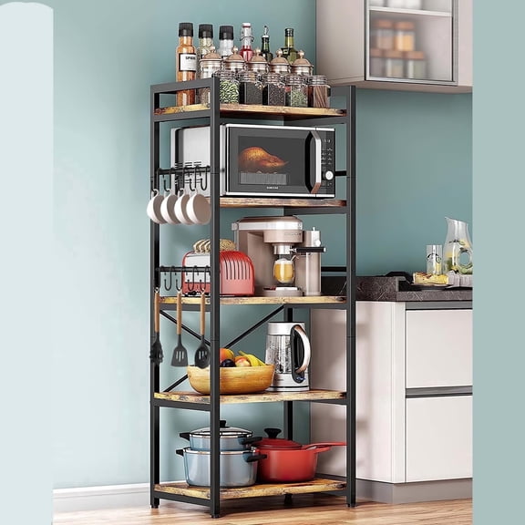 Baker's Rack with 10 Hooks, Bug Hull Microwave Stand with Storage, Industrial 5-Tier Storage Shelf, Free Standing Wooden Shelf, Brown