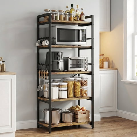 Baker's Rack with 10 Hooks, Bug Hull Microwave Stand with Storage, Industrial 5-Tier Storage Shelf, Free Standing Wooden Shelf, Brown
