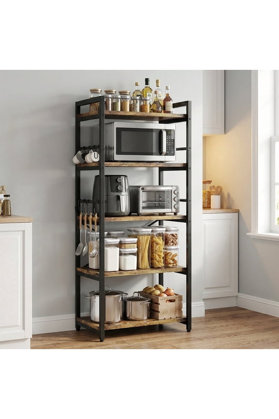 Baker's Rack with 10 Hooks, Bug Hull Microwave Stand with Storage, Industrial 5-Tier Storage Shelf, Free Standing Wooden Shelf, Brown