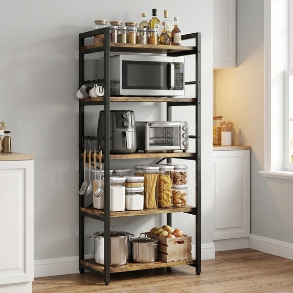 Baker's Rack with 10 Hooks, Bug Hull Microwave Stand with Storage, Industrial 5-Tier Storage Shelf, Free Standing Wooden Shelf, Brown