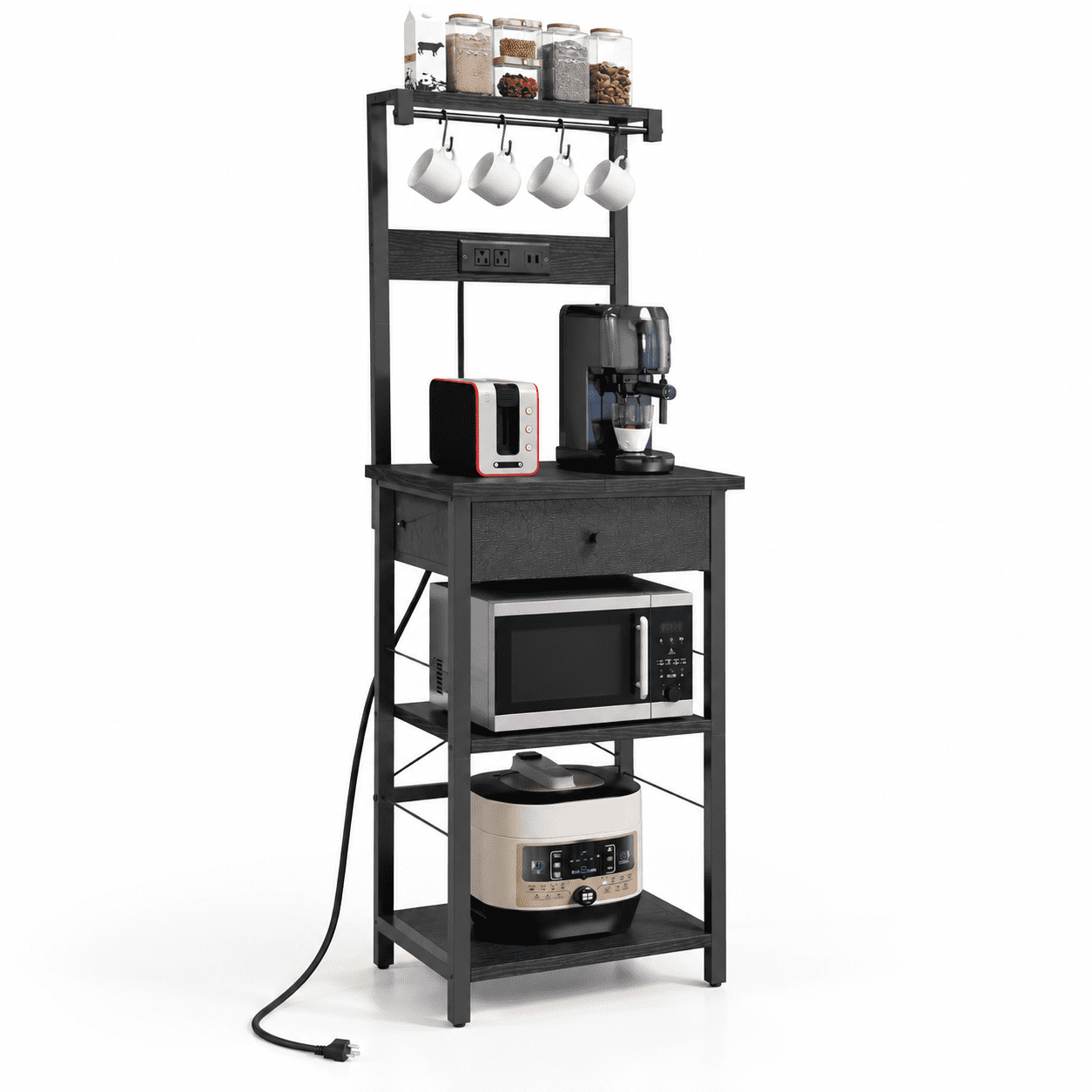 Baker's Rack with Power Outlet, Drawer, 4 Hooks, 4 Tiers for Kitchen ...