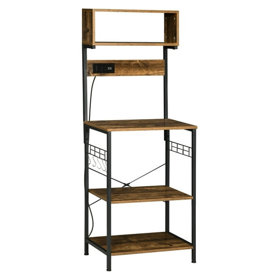 Baker's Rack with Power Outlet, Microwave Stand, Coffee Bar, Adjustable Shelves - Rustic Brown Kitchen Storage