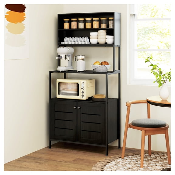 Baker's Rack with Power Outlet, Microwave Stand with Cabinets, Black Kitchen Storage