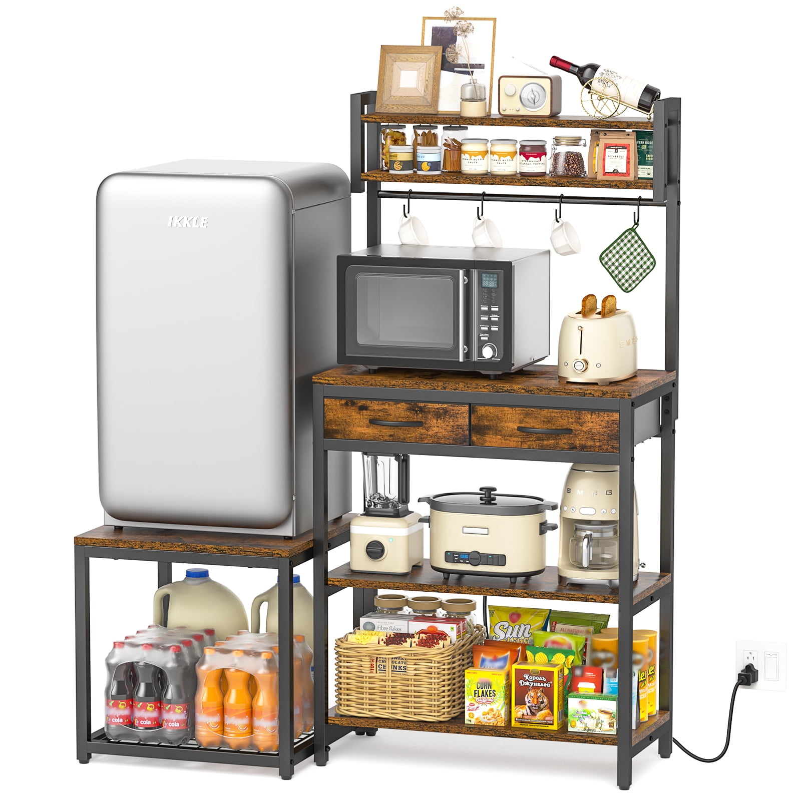 Baker's Rack with Power Strip and Mini Fridge Stand, Coffee Bar Storage Shelf with Side Table