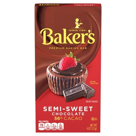 Baker's Semi-Sweet Chocolate Premium Baking Bar with 56% Cacao, 4 oz Box