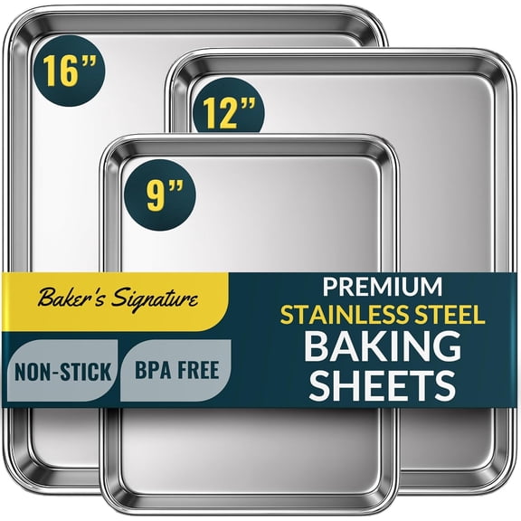 Bakers Signature Stainless Steel Cookie Sheet Pan, Stainless Steel Baking Sheet Set of 3, Mirror Finish, Non-Stick, Rust Resistant, BPA Free, Dishwasher Safe, 9/12/16 Inch