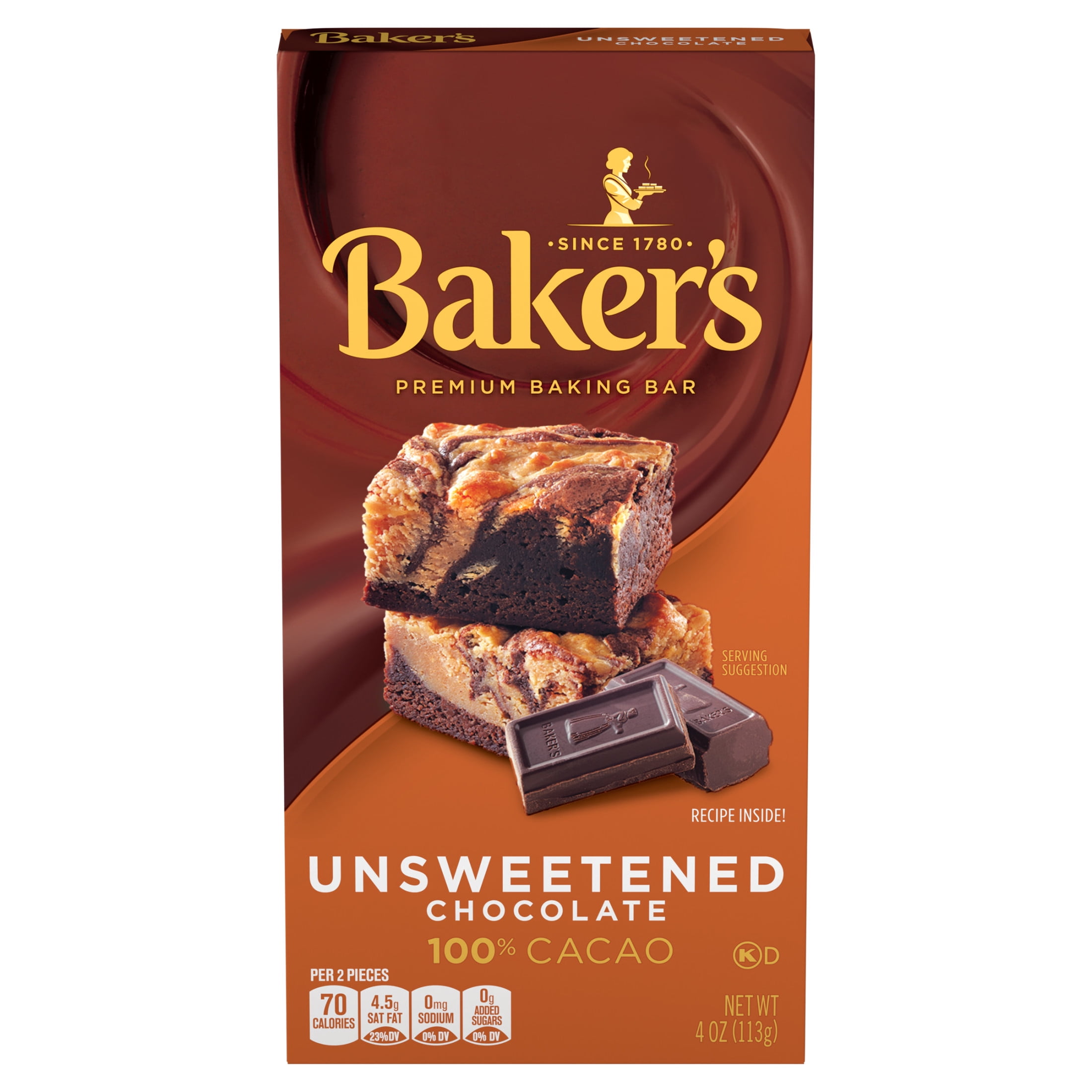 Baker's Unsweetened Chocolate Premium Baking Bar with 100 % Cacao, 4 oz Box