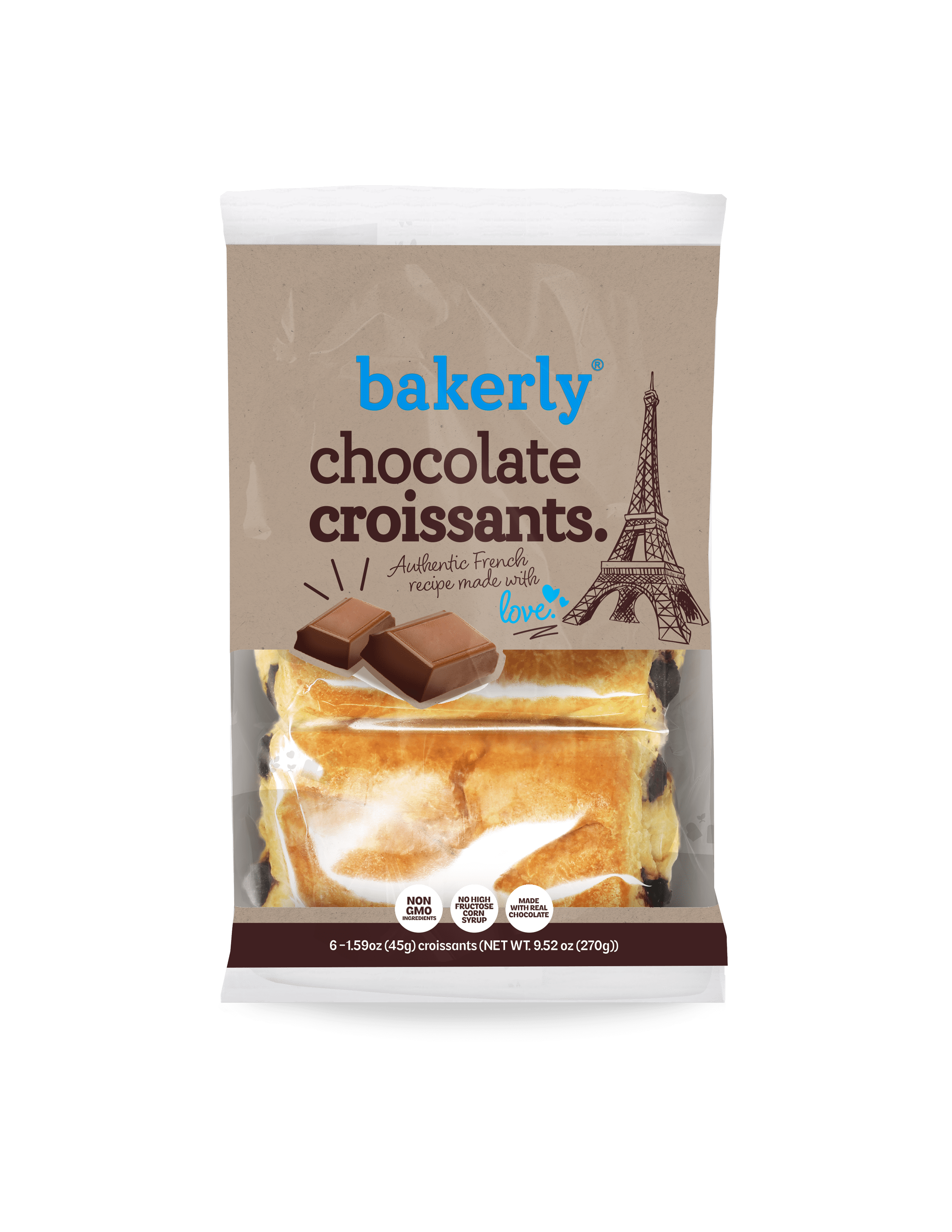 Bakerly Chocolate Croissants, Regular, Shelf Stable/Ambient, Bag, Non GMO, 9.52 oz., 6 Count