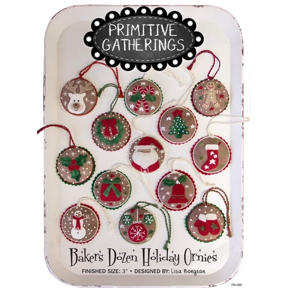 Bakers Dozen Holiday Ornies Applique and Embroidery Pattern by Lisa Bongean of Primitive Gatherings