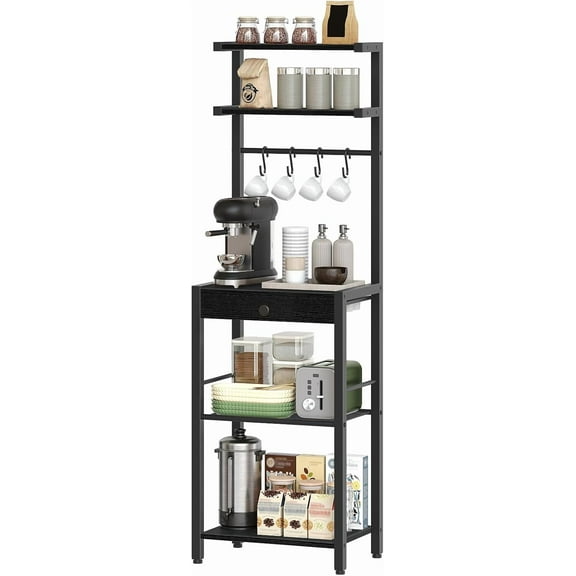 Bakers Rack, 5-Tier Coffee Bar Station, Coffee Stand with Pod Drawer Holder, Versatile Kitchen Storage Rack with 4 Hooks, for Living Room, Cafe Corner, Rustic Brown and Black KF01BRY1