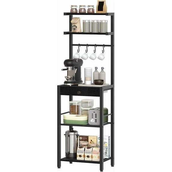 Bakers Rack, 5-Tier Coffee Bar Station, Coffee Stand with Pod Drawer Holder, Versatile Kitchen Storage Rack with 4 Hooks, for Living Room, Cafe Corner, Black KF01BB