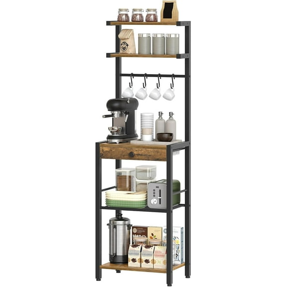 Bakers Rack, 5-Tier Coffee Bar Station, Coffee Stand with Pod Drawer Holder, Versatile Kitchen Storage Rack with 4 Hooks, for Living Room, Cafe Corner