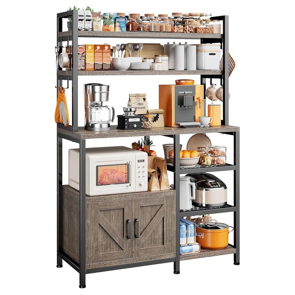 Bakers Rack, 6 Tier Microwave Stand, Coffee Bar Organizer with 8 L-Shaped , Kitchen Shelves with Large Capacity Storage, 14.1 x 30.1 x 63.1 Inches, Black Oak