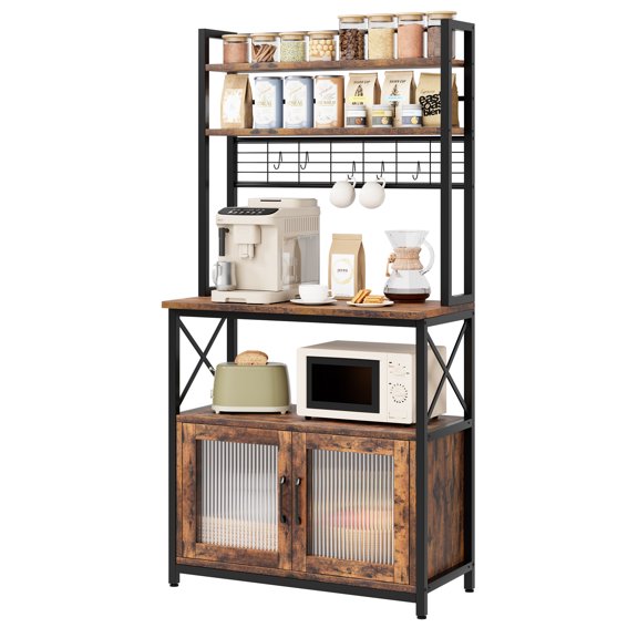 Bakers Rack with Cabinet 5 Tier Microwave Stand 63.78" Microwave Storage Rack with Door Vintage Kitchen Utility Storage Shelf with Hooks Large Coffee Bar Station Kitchen(Cabinet 17.1" in)