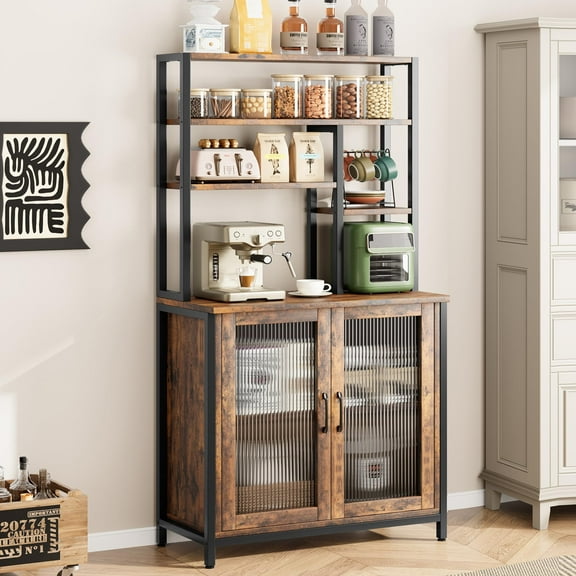 Bakers Rack with Cabinet 5 Tier Microwave Stand 63.78" Standing Bakers Rack with Door Tall Coffee Bar Brown Home Bar Cabinet with Hooks Large Baker Rack Coffee Bar Station Kitchen