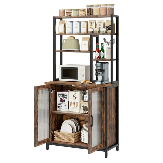 Bakers Rack with Cabinet 5 Tier Microwave Stand Microwave Storage Rack with Door Vintage Kitchen Utility Storage Shelf with Hooks Large Coffee Bar Station Kitchen