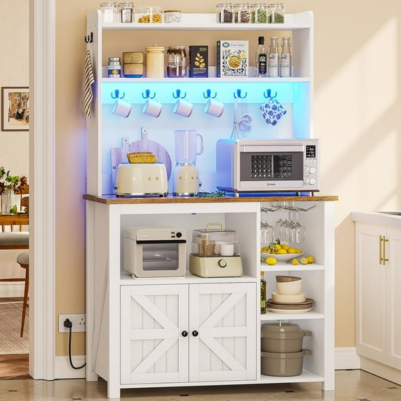 Bakers Rack with Cabinet & Shelves, 6-Tier Microwave Stand with 8 Hooks and Wine Glass Holder, Farmhouse Coffee Bar Cabinet with Storage and Outlets, LED Bakers Rack for Kitchen Dining Room, White