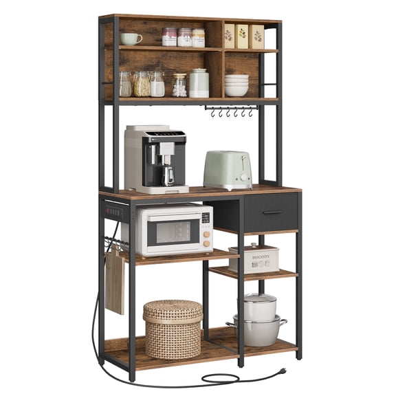 Baker's Rack with Charging Station, Coffee Bar with Adjustable Storage Shelves, Fabric Drawer, 12 Hooks, 15.7 x 39.4 x 71 Inches, Kitchen Microwave Stand, Rustic Brown and Ink Black
