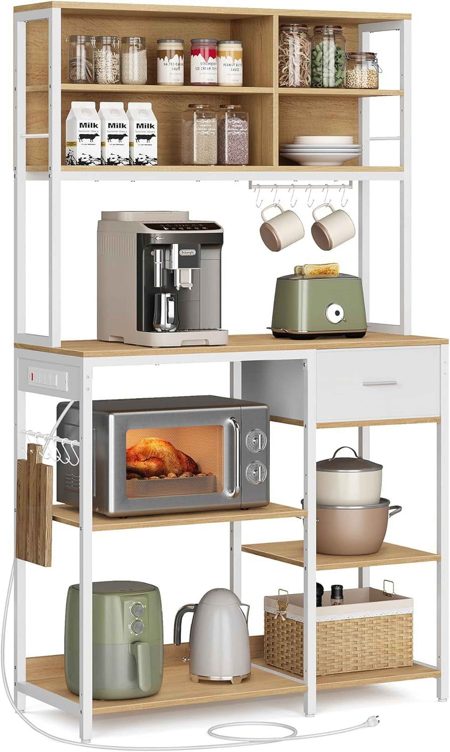Bakers Rack with Charging Station, Coffee Bar Stand with Adjustable