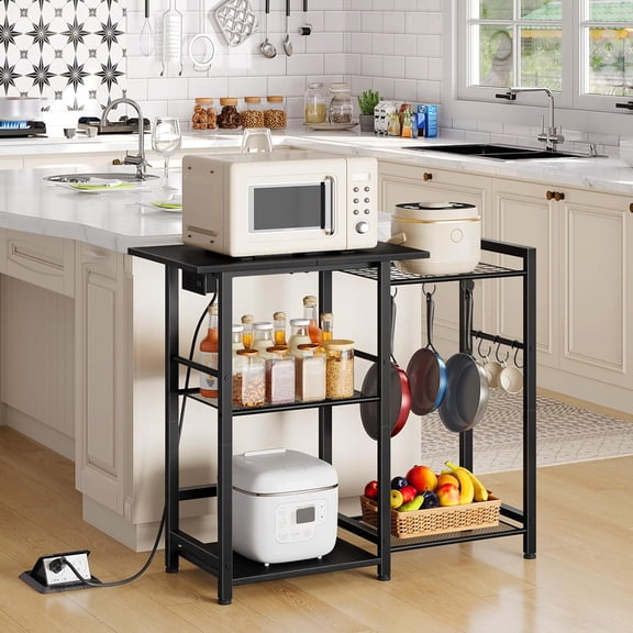 Bakers Rack with Charging Station, Microwave Stand with Storage, Coffee Bar Table for Small Spaces, Kitchen Utility Storage Shelf, for Dining Room, Kitchen, Black BB15UHB01G1