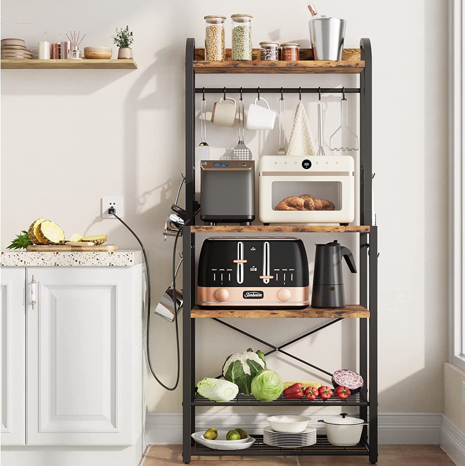 Narrow bakers rack with wood shelves hotsell