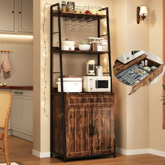 Bakers Rack with Drawer 70.8" Baker Rack with Cabinet Tall Bar Cabinet Industrial Kitchen Stand with Storage Large Microwave Storage Stand Freestanding Tall Bar Living Room