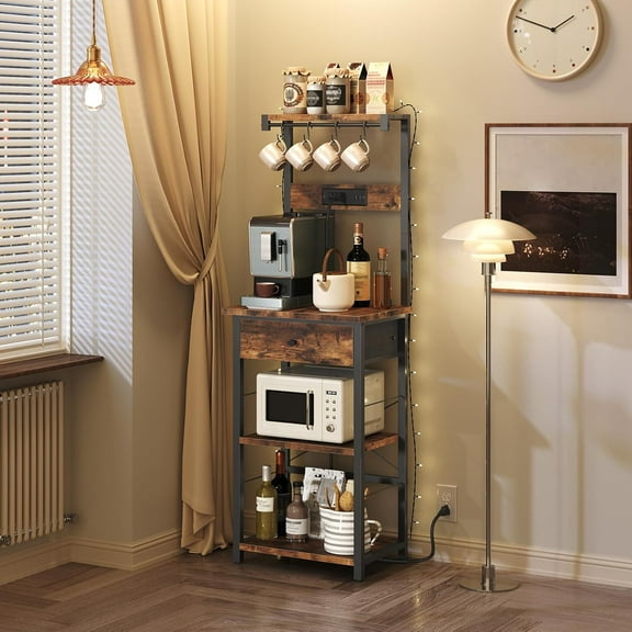 Bakers Rack with Drawer, Microwave Stand with Power Outlet, Coffee  Station with 4 Hooks, Kitchen Storage Shelf Rack 4 Tiers, for Kitchen, Dining Room, Rustic Brown and Black BRHR48E01