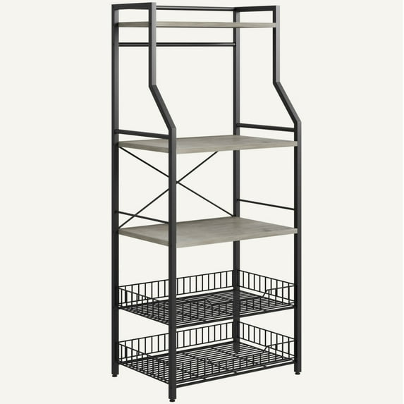 Bakers Rack, Farmhouse Microwave Oven Stand with 2 Large Metal Wire Basket, 5 Tier Utility Storage Shelf with 8 Hooks