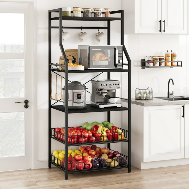 Bakers Rack Farmhouse Microwave Oven Stand with 2 Large Metal Wire Basket 5 Tier Utility Storage Shelf with 8 Hooks