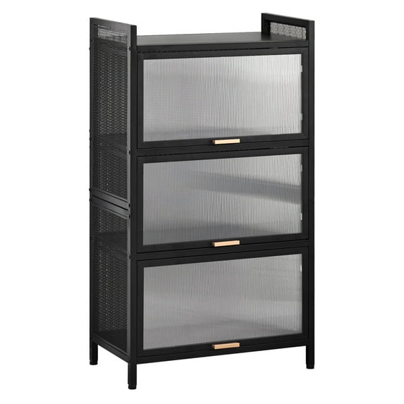 Bakers Rack with Flip Doors, 3 Tier Kitchen Cabinets with Iron Mesh Design, Kitchen Racks and Shelves for Spices, Pots and Pans, 100LBS Weight Capacity Per Layer