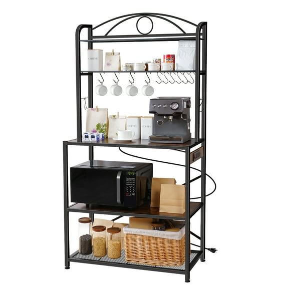 Bakers Rack for Kitchen, 33-inch Wide Coffee Bar Station with Power Outlet, 5 Tier Microwave Stand Storage Shelf with S-Shaped Hooks, Metal Frame with Brown Wood Tabletop
