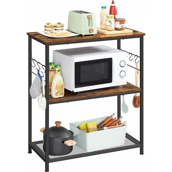 Bakers Rack, Kitchen Island Storage Shelf, Microwave Oven Stand, Metal Frame, Industrial, Rustic Brown and Black