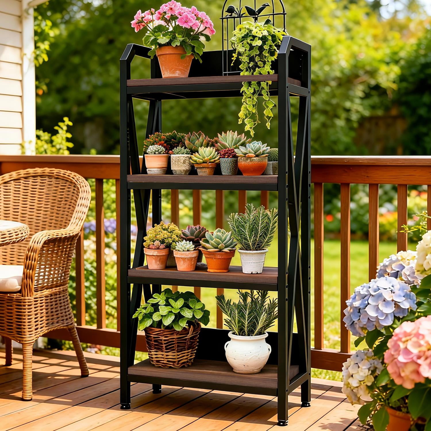 Bakers Rack, Kitchen Shelf, 4-Tier Metal and Wood Storage Shelves for Pantry, Garage, or Bathroom, 25.60" Length, Black and Brown